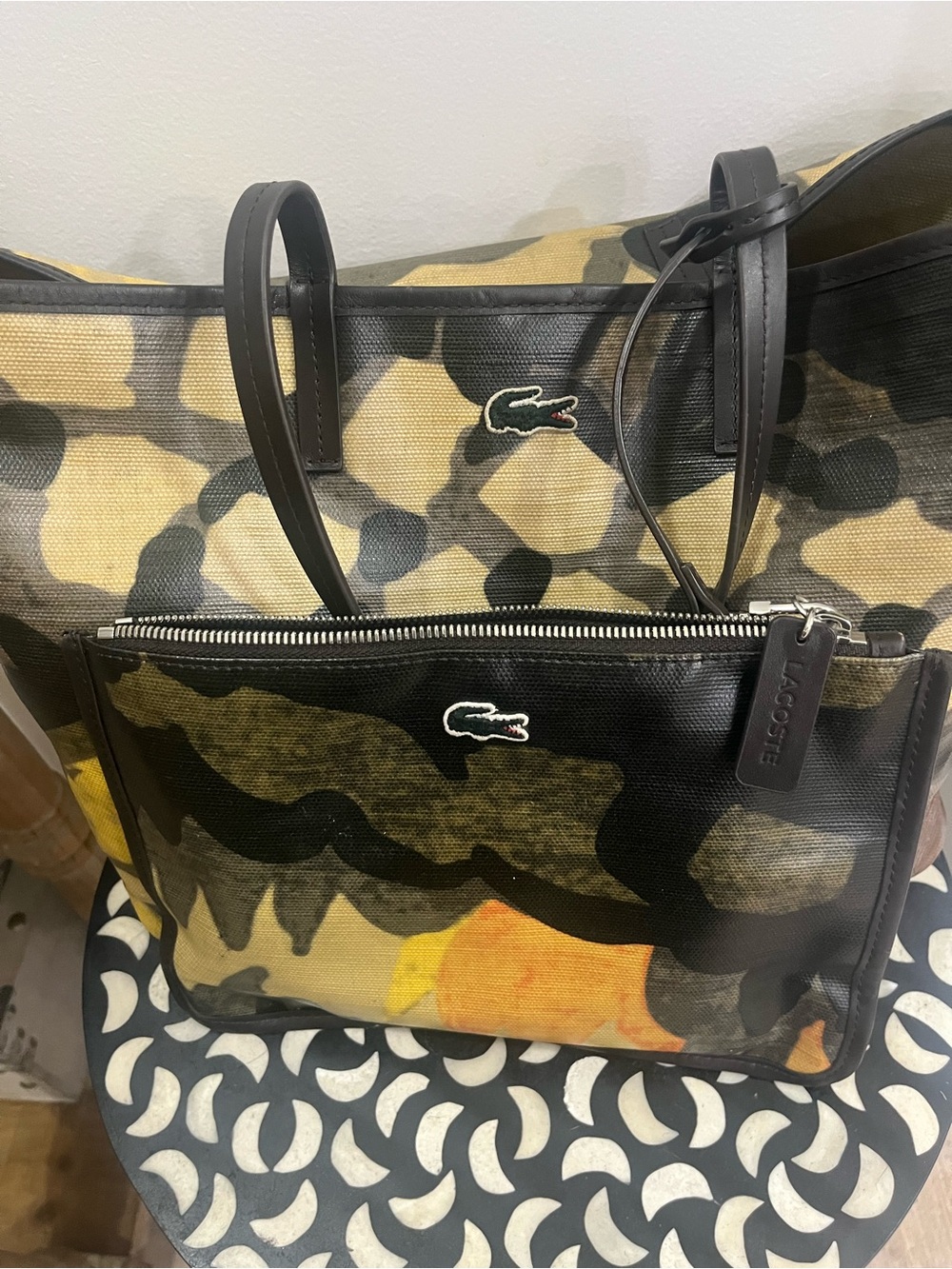 Lacoste Yellow Green Camouflage Canvas Tote with Black Trim (2 bags)
